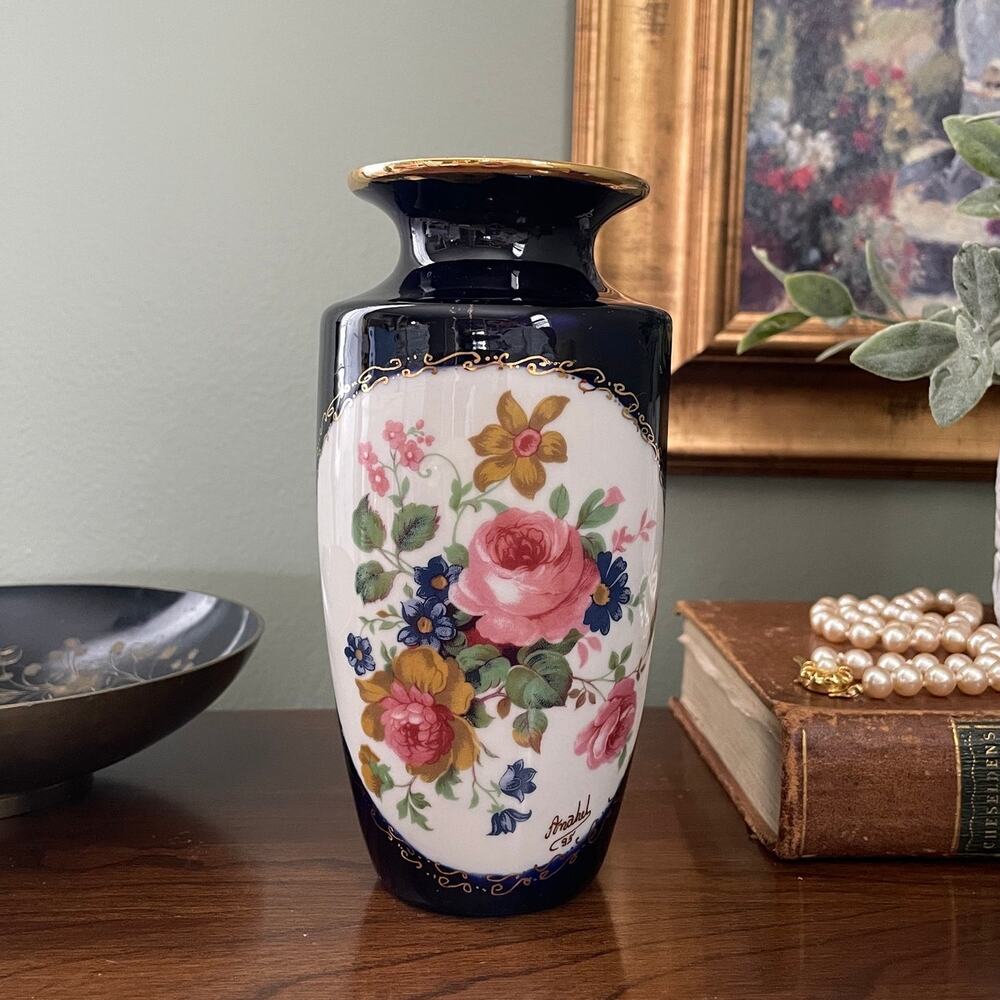 Vintage Cobalt Blue Hand Painted Floral Vase | Artist Signed 1995